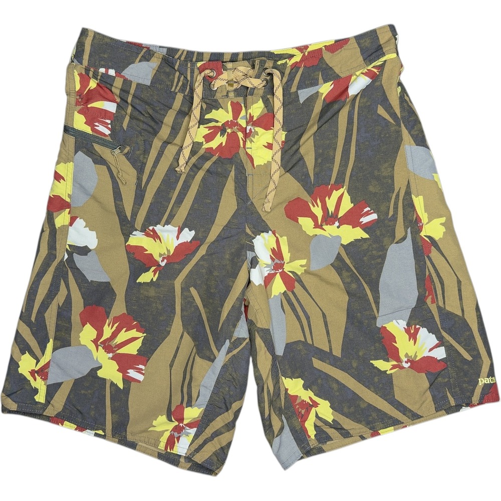 Patagonia Wavefarer Board Shorts Brown Red Yellow Hawaiian Floral Men's Size‎ 32